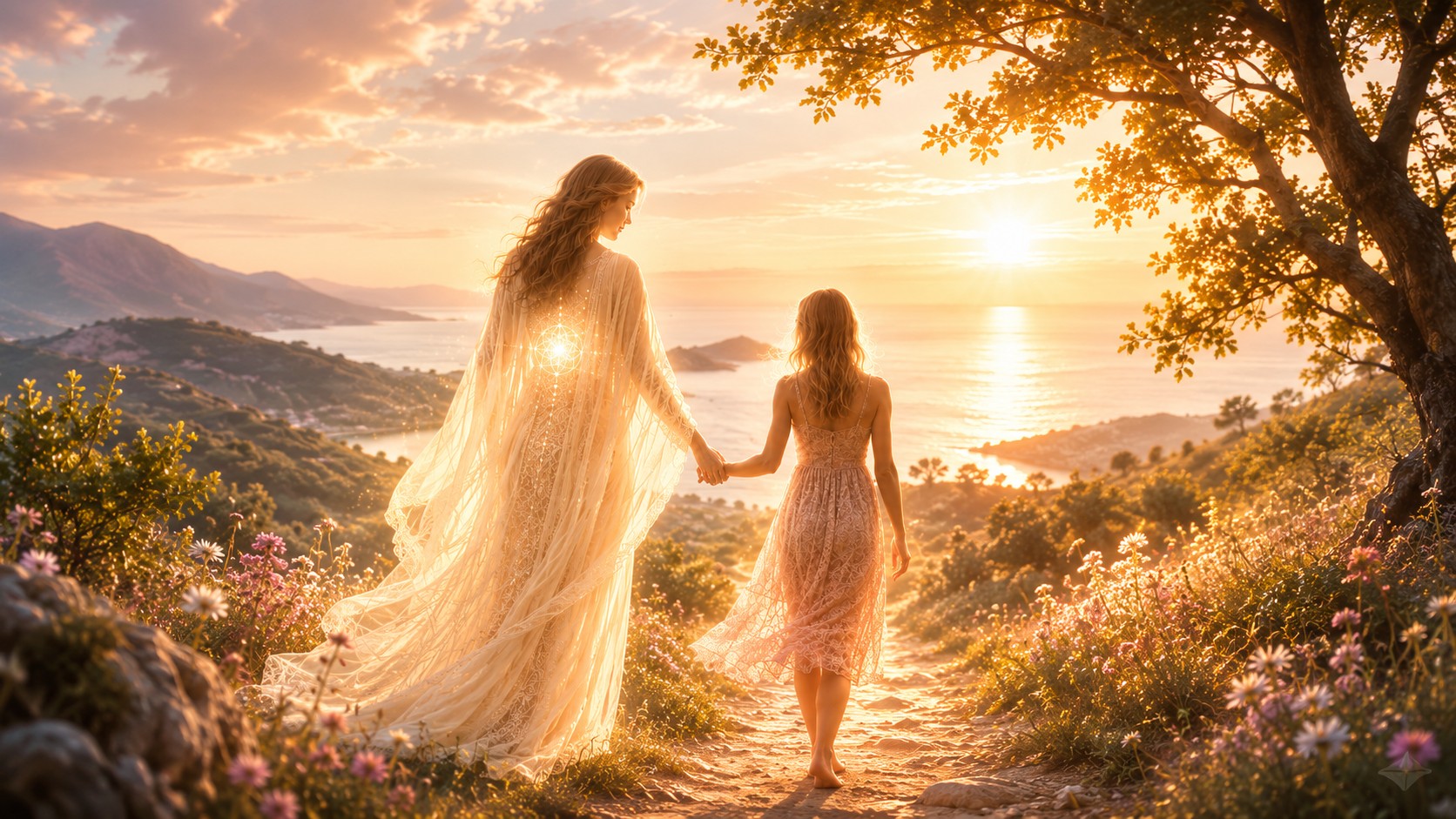 Une femme lumineuse représentant le Soi supérieur prend par la main une jeune femme et l'accompagne sur un chemin de lumière, symbole de confiance en soi et de transformation intérieure.